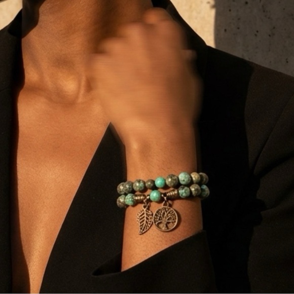 Earthroot Charm: African Turquoise Bracelet Tree of Life and Leaf Bracelet Stack - Picture 3 of 4